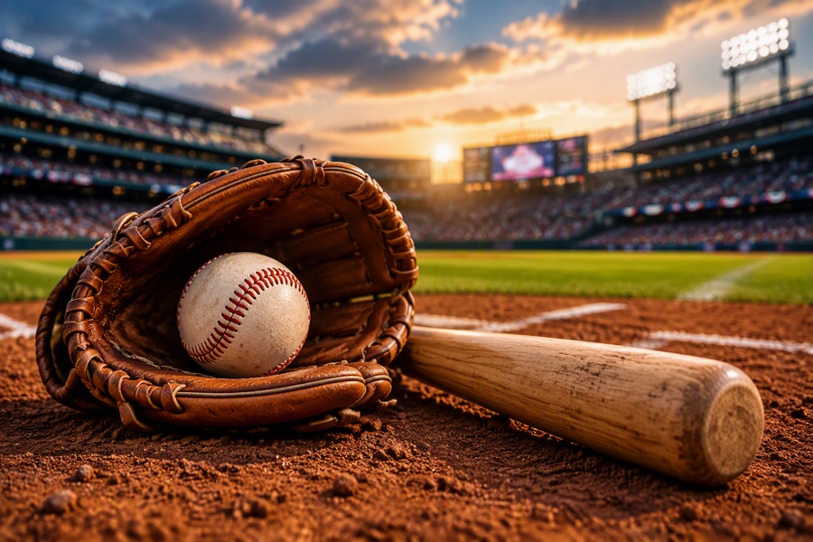 Baseball, bat, and glove